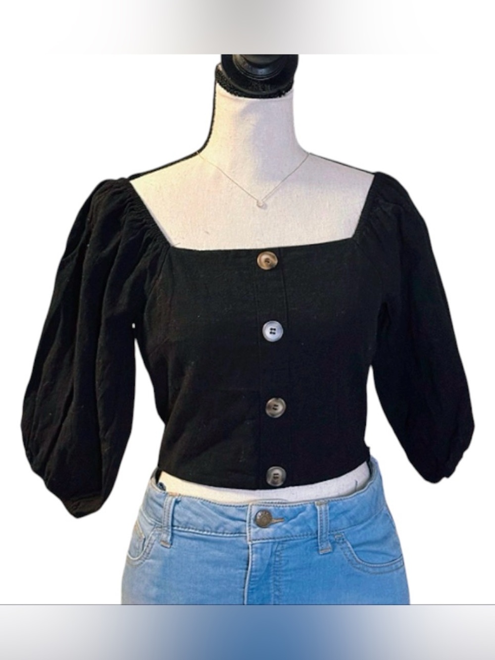 J.O.A. Deadstock Black Square-Neck Puff Sleeve Button Up Crop Top size XS